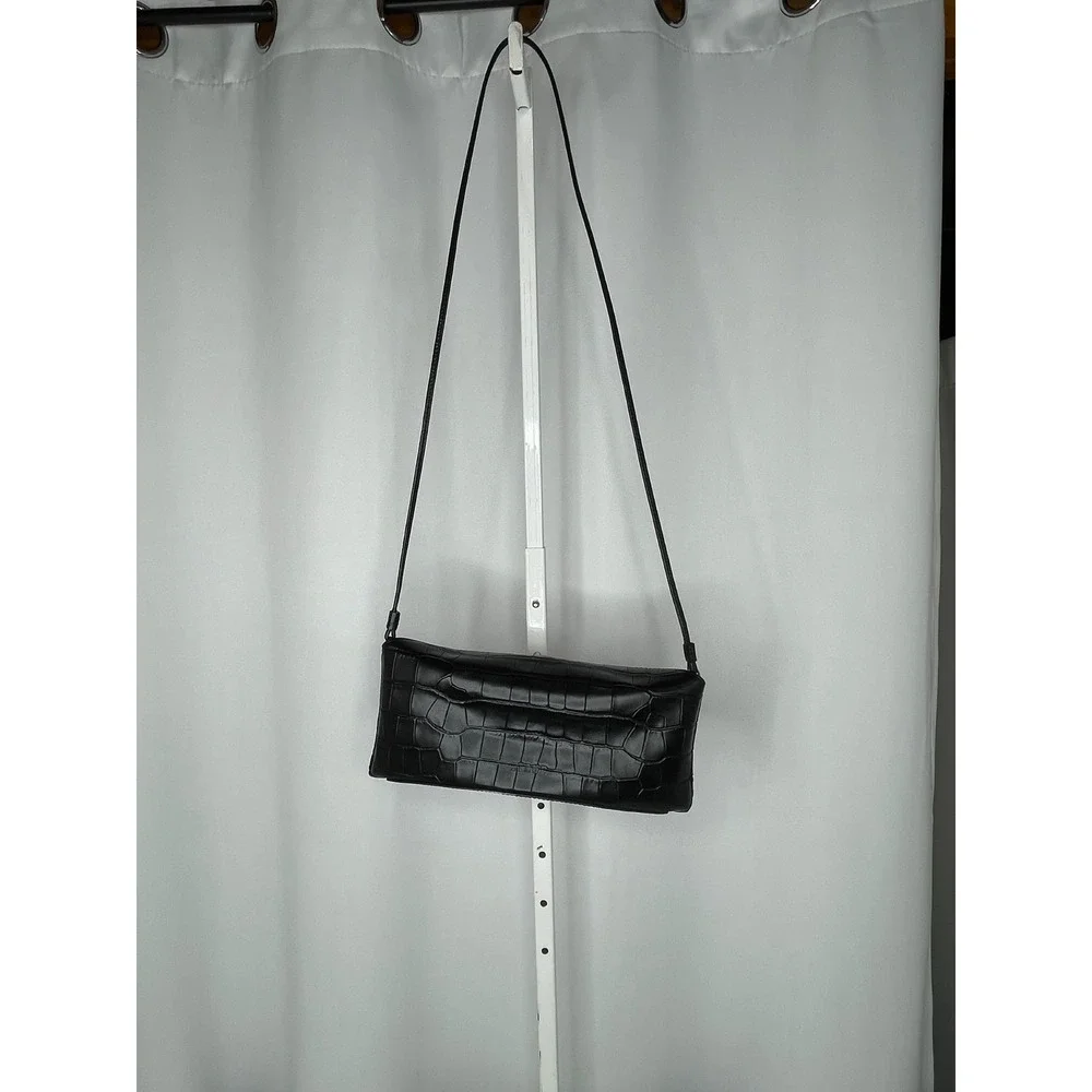 Staud Felix Shoulder Bag Womens Small Black Excellent Croc Embossed Leather